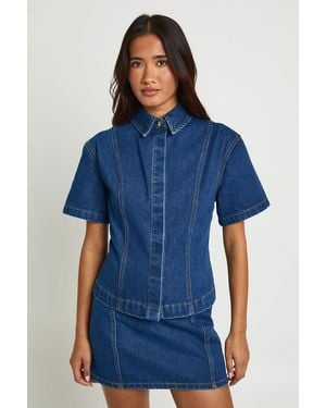 Boohoo Concealed Placket Cinched Denim Shirt - Blue