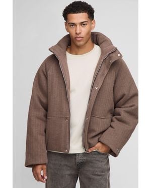 BoohooMAN Oversized Mini Knitted Textured Detachable Hooded Puffer Jacket - Brown