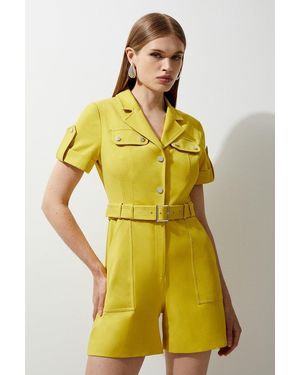Karen Millen Tailored Cotton Stretch Belted Playsuit - Yellow