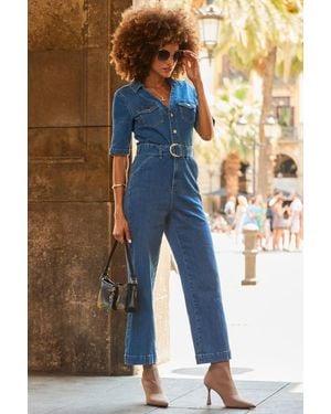 Sosandar D Ring Belt Culotte Denim Jumpsuit - Blue