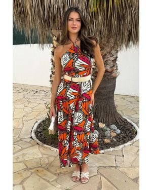 AX Paris Multi Butterfly Print Halterneck Straw Belt Tiered Midi Dress - Black