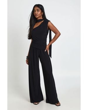 Boohoo Slinky One Shoulder Drape Detail Jumpsuit - Blue