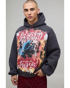BoohooMAN Oversized Boxy Acid Wash Heavy Metal Graphic Distressed Hoodie - Grey