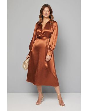 Wallis Satin Collared Tie Waist Midi Dress - Brown