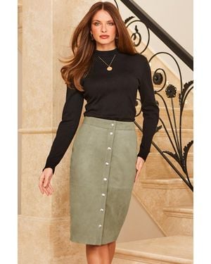 Sosandar Sage Suede Popper Front Pencil Skirt Leather - Green