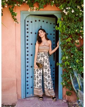 Blue Vanilla Print Strapless Bandeau Shirred Jumpsuit - Green