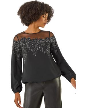 Roman Sequin Floral Sheer Top - Black