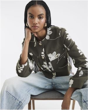 River Island Jacket Floral Embroidered Collarless - Grey