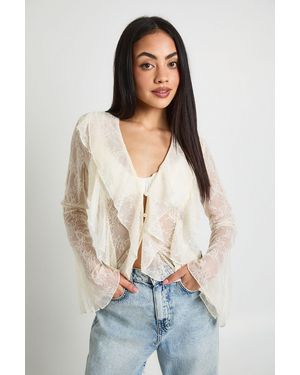 Boohoo Sheer Lace Ruffle Blouse - White