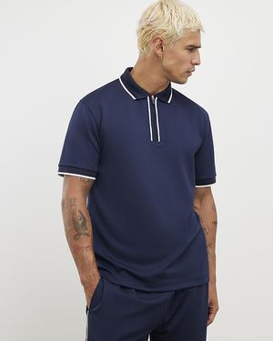 River Island Polo Shirt Slim Fit Textured Zip Tipped - Blue