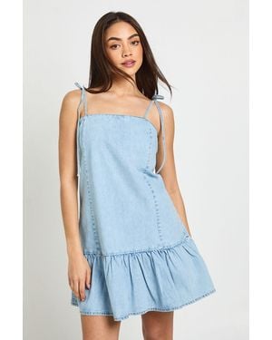 Boohoo Strappy Dropped Hem Denim Mini Dress - Blue