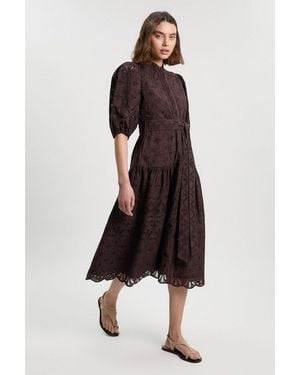Karen Millen Scalloped Hem Broderie Midi Shirt Dress - Brown