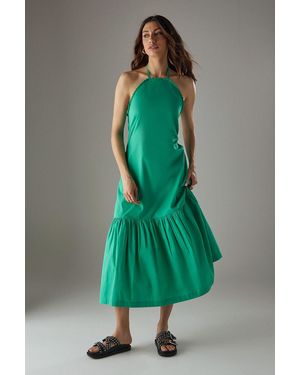 Warehouse Poplin Crochet Trim Drop Waist Midi Sundress - Green