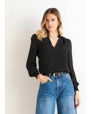 Gini London Dobby Chiffon Frill Neck Blouse - Black