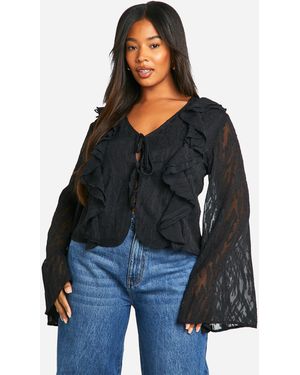 Boohoo Plus Burnout Animal Tie Front Ruffle Blouse - Black