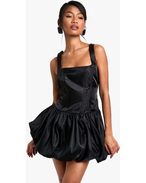 Boohoo Taffeta Bubble Hem Lace Up Mini Dress - Black