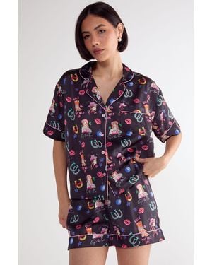 Nasty Gal Satin Western Conversational Contrast Piped Pyjama Shorts Set - Blue