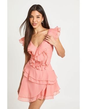 Boohoo Textured Ruffle Detail Mini Dress - Pink