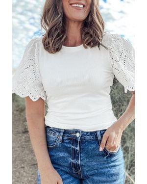 Azura Exchange Eyelet Sleeve Ribbed Knit Top - White