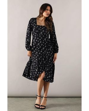 Wallis Printed Long Sleeve Ruffle Detail Midi Dress - Black