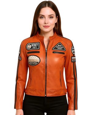 Infinity Leather Biker Racing Badges Jacket-Dalby Lamb Leather - Orange