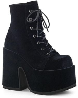 Demonia Camel 203 Velvet Platform Ankle Boots - Black