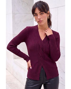 Roman Cable Split Detail Rib Jumper - Purple