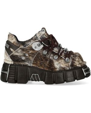 New Rock Bruine Leren Gotische Platform Enkellaarsjes Met Bontrand
