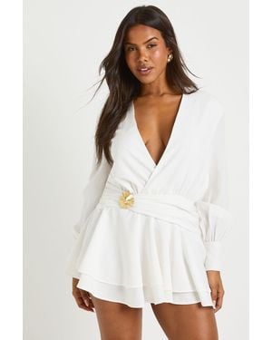 Boohoo Textured Trim Drop Hem Shirt Dress - White