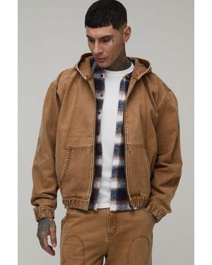 BoohooMAN Tall Washed Western Denim Hoodie - Brown