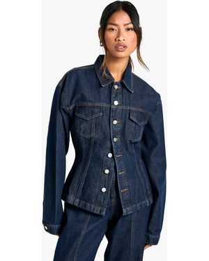Boohoo Cinched Waist Contrast Stitch Raw Denim Jacket - Blue