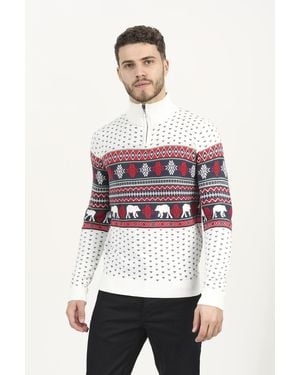 Brave Soul Quarter Zip Knitted Jumper With Fairisle Pattern - White