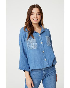 Izabel London Sequin Detail 3/4 Turn-Up Sleeve Shirt - Blue