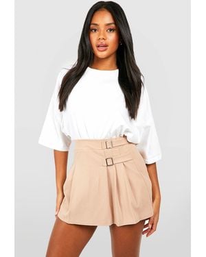 Boohoo Crepe Pleated Buckle Detail Tennis Skirt - Natural