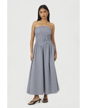 Brave Soul Gingham Sleeveless Ruched Bodice Midi Dress - Blue
