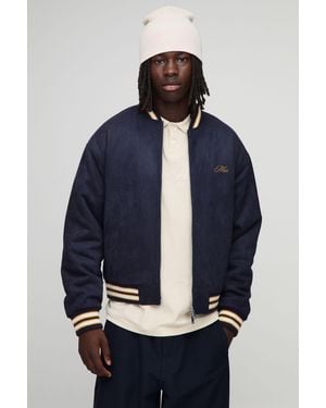 BoohooMAN Boxy Fit Faux Suede Chunky Rib Embroidered Bomber Jacket - Blue