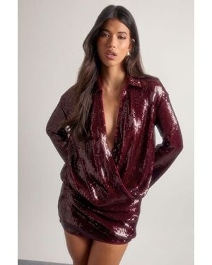 Boohoo Sequin Draped Flare Sleeve Shirt Dress - Red