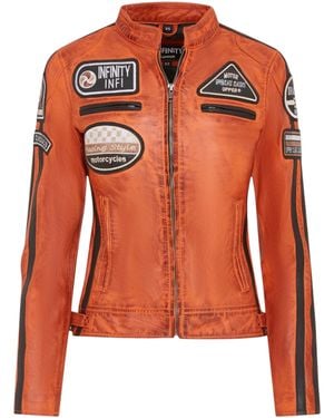 Infinity Leather Biker Racing Badges Jacket-Agadir Lamb Leather - Orange