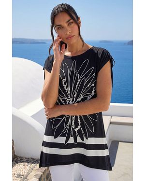 Roman Floral Print Stretch Tunic Top - Black