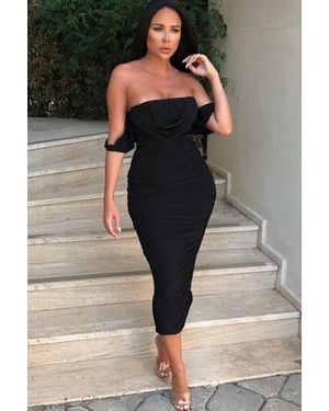 Femme Luxe Bardot Cowl Neck Ruched Midi Dress - Black