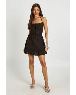 Boohoo Linen Look Shirred Skater Dress - Black