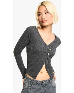 Boohoo Brushed Chunky Rib Asymmetric Button Cardigan - Grey