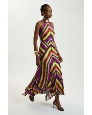 Karen Millen Multi Fluid Stripe Cotton Mix Woven Halter Dress - White