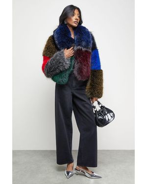 Warehouse Multi -Coloured Panelled Faux Fur Coat - Blue