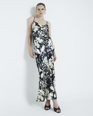 River Island Abstract Print Satin Slip Maxi Dress - White