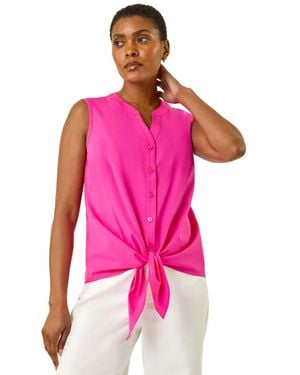 Roman Cotton Tie Front V-Neck Blouse - Pink