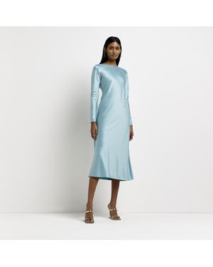 River Island Slip Midi Dress Satin Long Sleeve - Blue