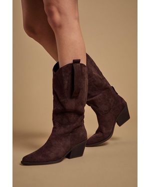 Oasis Wanda Faux Suede Slouch Western Calf Boots - Brown