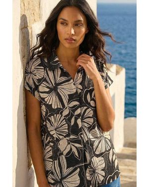 Roman Printed Broderie Collared Top - Black