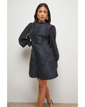 Oasis Petite Structured Jacquard Fit And Flare Mini Dress With Chiffon Sleeve - Blue
